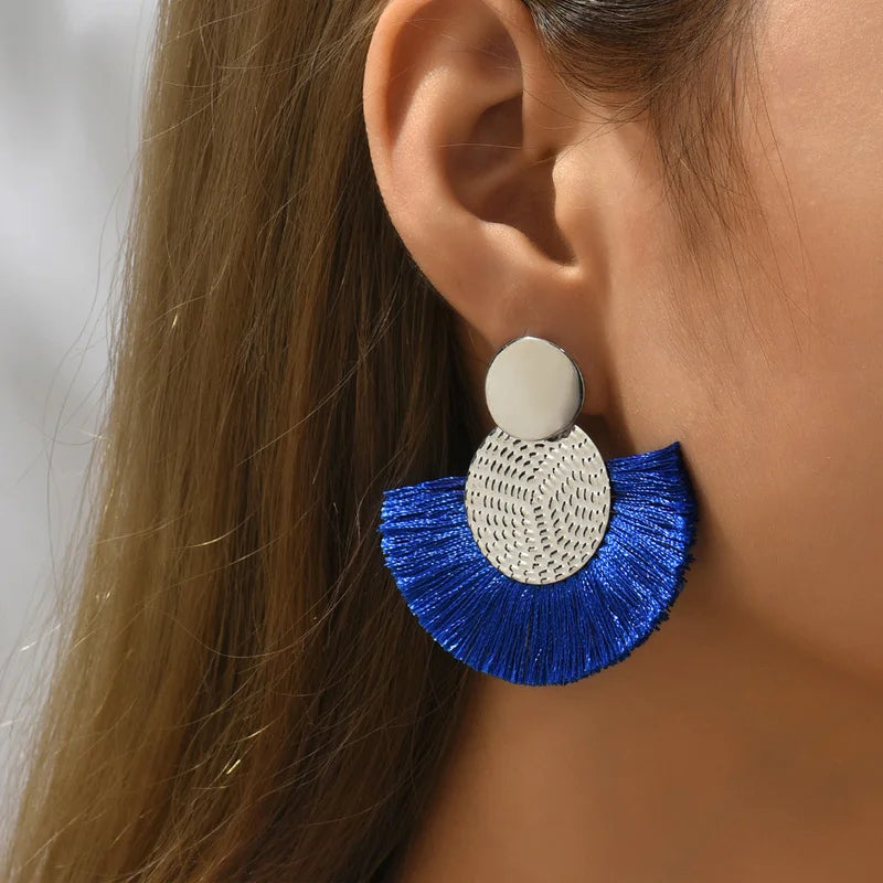 Boucles d'Oreilles Pendantes de Style Bohême en Eventail bleu