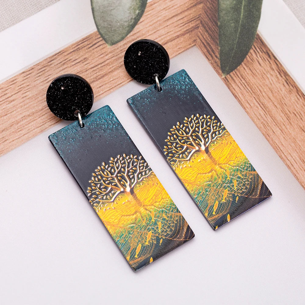 Boucles d'Oreilles Pendantes en Acrylique Arbre de Vie