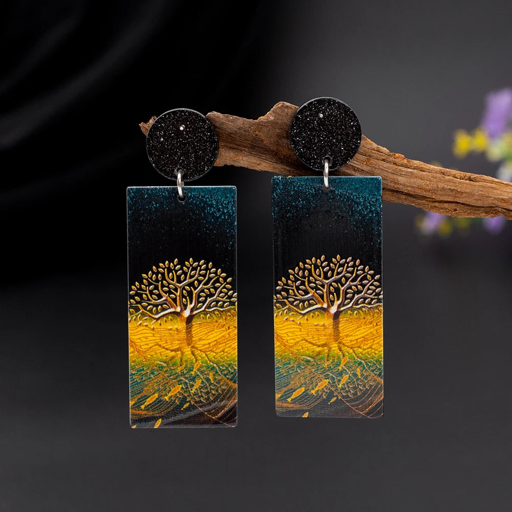 Boucles d'Oreilles Pendantes en Acrylique Arbre de Vie