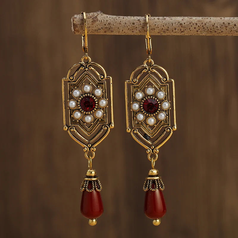 Boucles d'Oreilles Pendantes Ethniques Asymétriques rouge