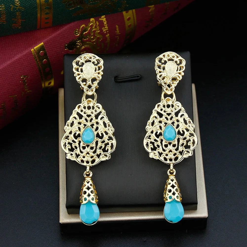 Boucles d'Oreilles Pendantes Ethniques Orientales bleu turquoise