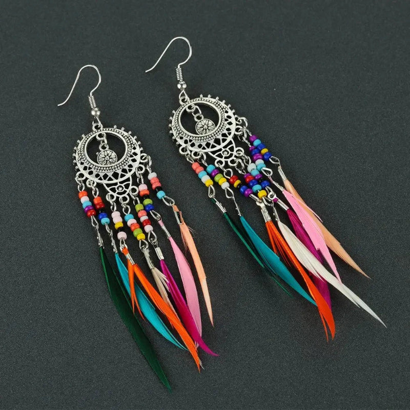 Boucles d'Oreilles Pendantes Ethniques Plumes Colorées Femme argent