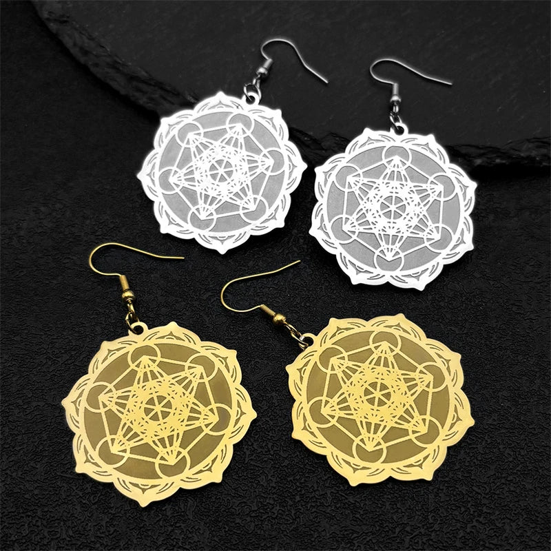 Boucles d'Oreilles Pendantes Femmes Cube de Métatron argent