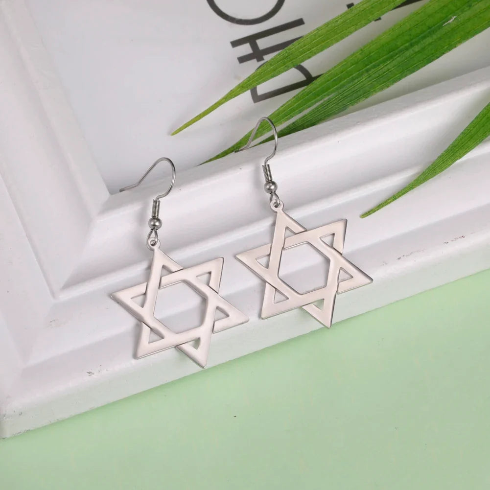 Zeshoekige hangende oorbellen met het Joodse symbool van de zilveren <span data-glossary-id="star-of-david">Davidster</span>