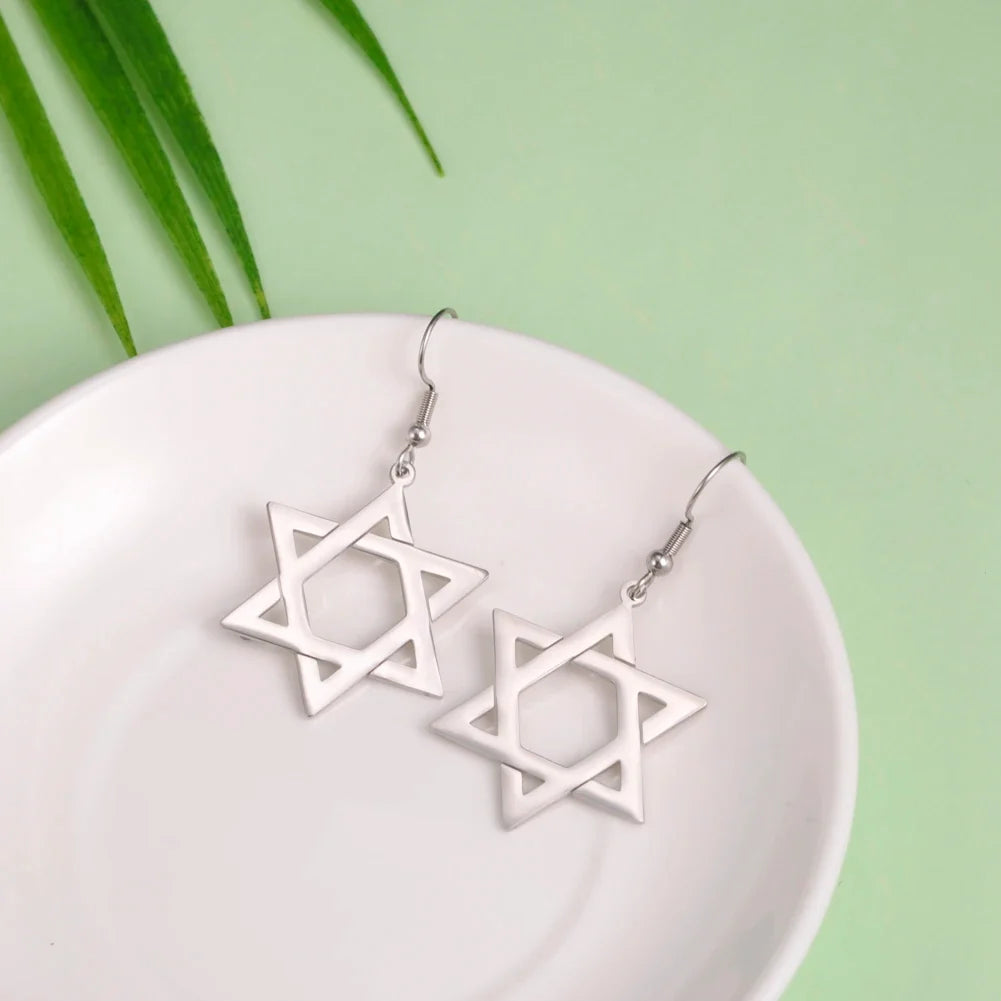 Zeshoekige hangende oorbellen met het Joodse symbool van de zilveren <span data-glossary-id="star-of-david">Davidster</span>