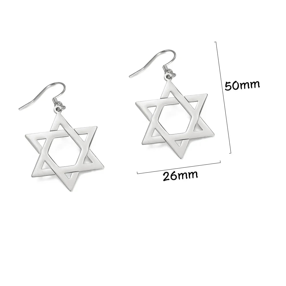 Zeshoekige hangende oorbellen met het Joodse symbool van de zilveren <span data-glossary-id="star-of-david">Davidster</span>