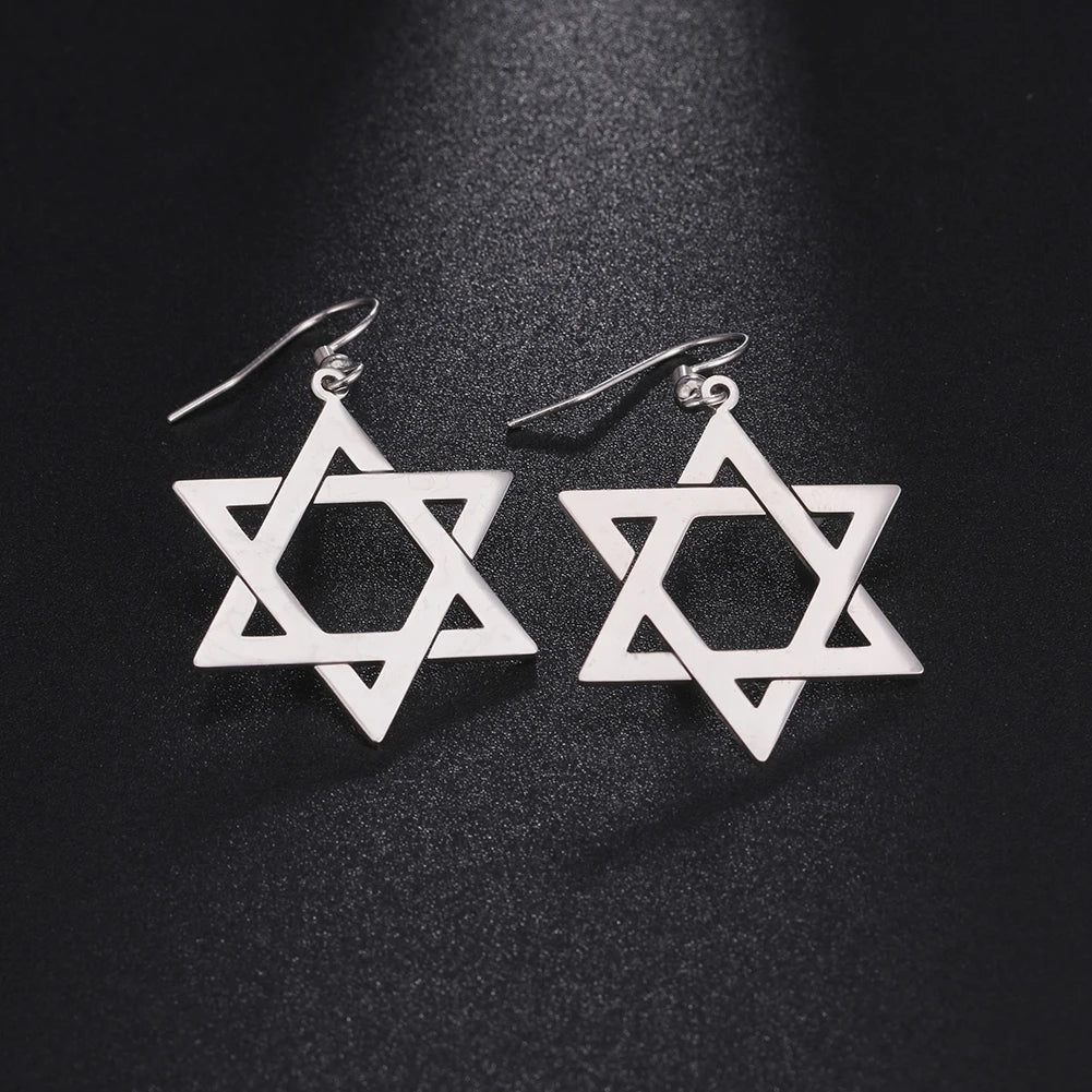 Zeshoekige hangende oorbellen met het Joodse symbool van de zilveren <span data-glossary-id="star-of-david">Davidster</span>