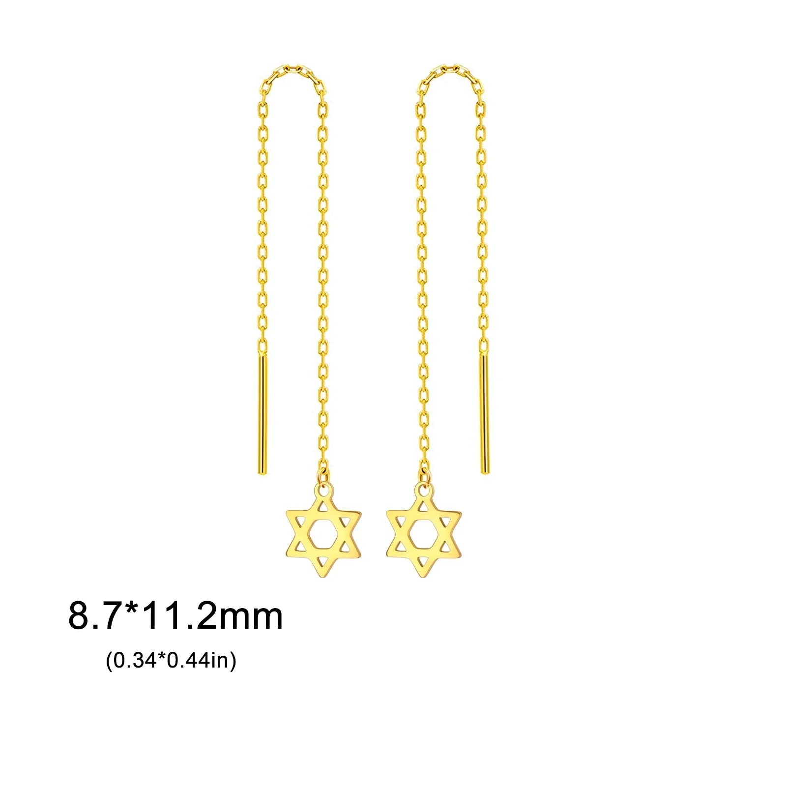 Lange hangende oorbellen met de <span data-glossary-id="star-of-david">Davidster</span> joods symbool goud