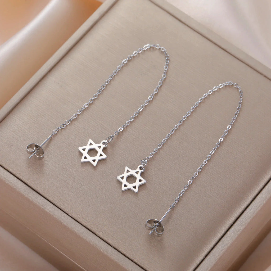 Lange hangende oorbellen met de <span data-glossary-id="star-of-david">Davidster</span> joods symbool zilver
