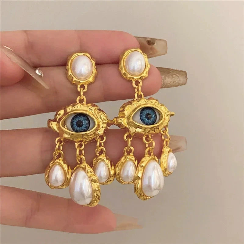 Boucles d'Oreilles Pendantes Oeil Bleu et Perles or