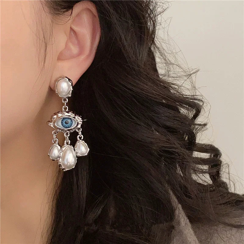 Boucles d'Oreilles Pendantes Oeil Bleu et Perles argent
