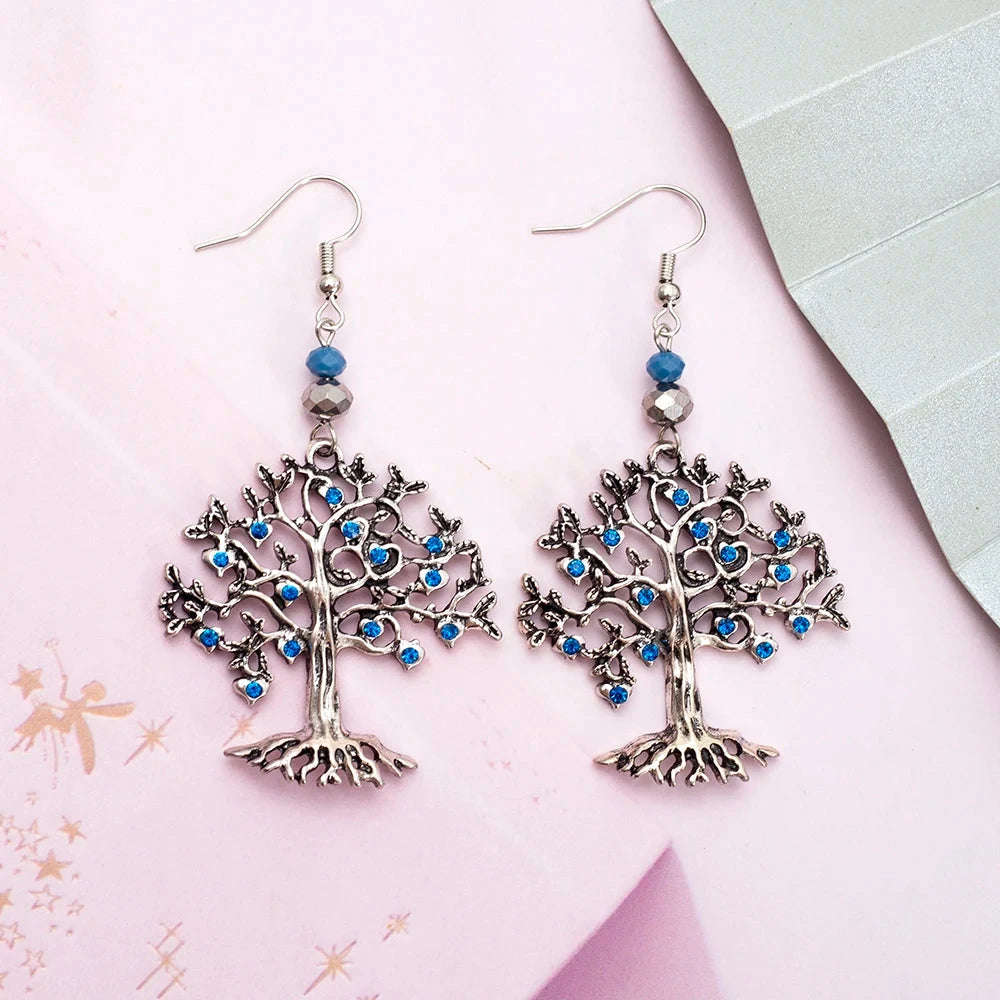 Boucles d'Oreilles Pendantes pour Femme Arbre de Vie bleu