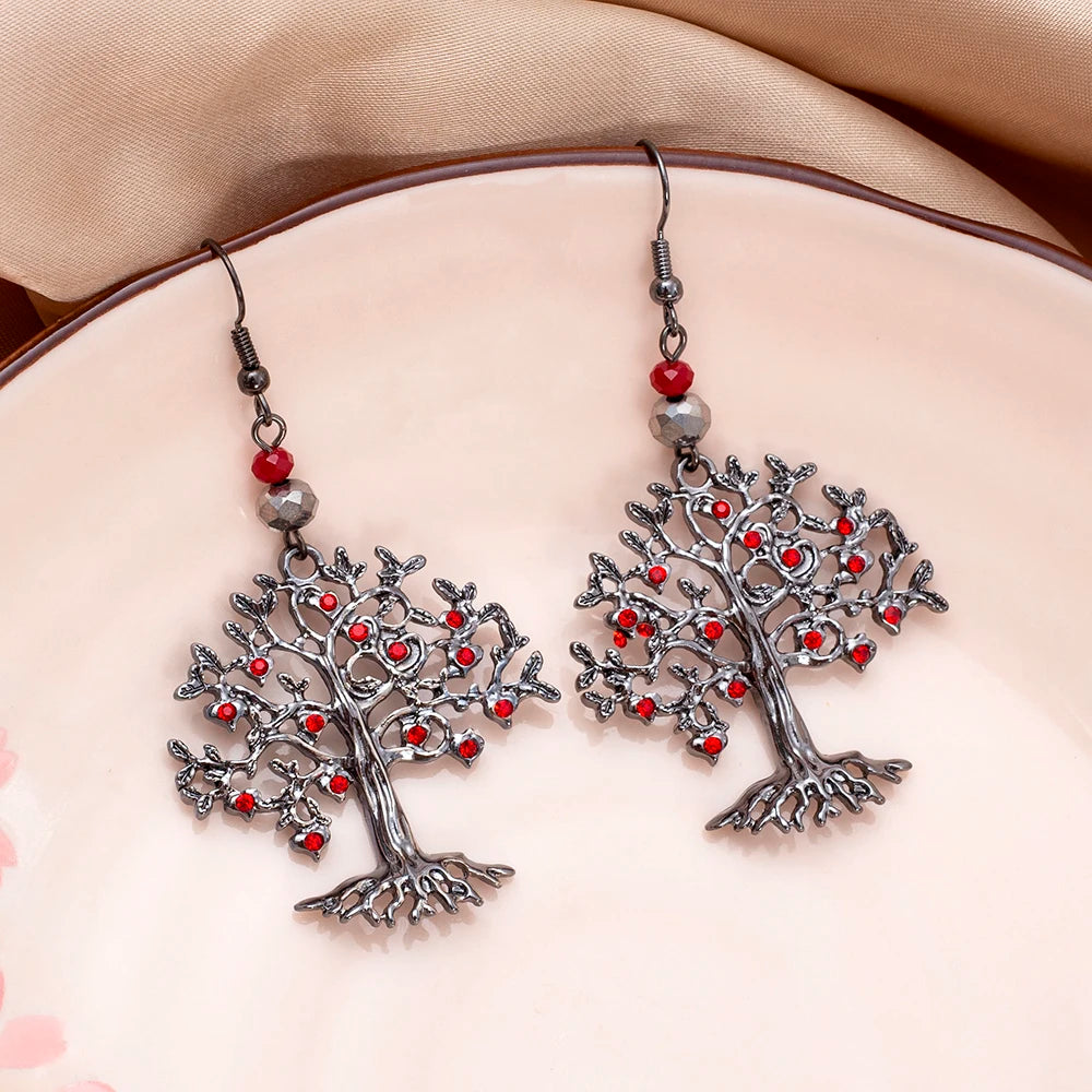 Boucles d'Oreilles Pendantes pour Femme Arbre de Vie rouge