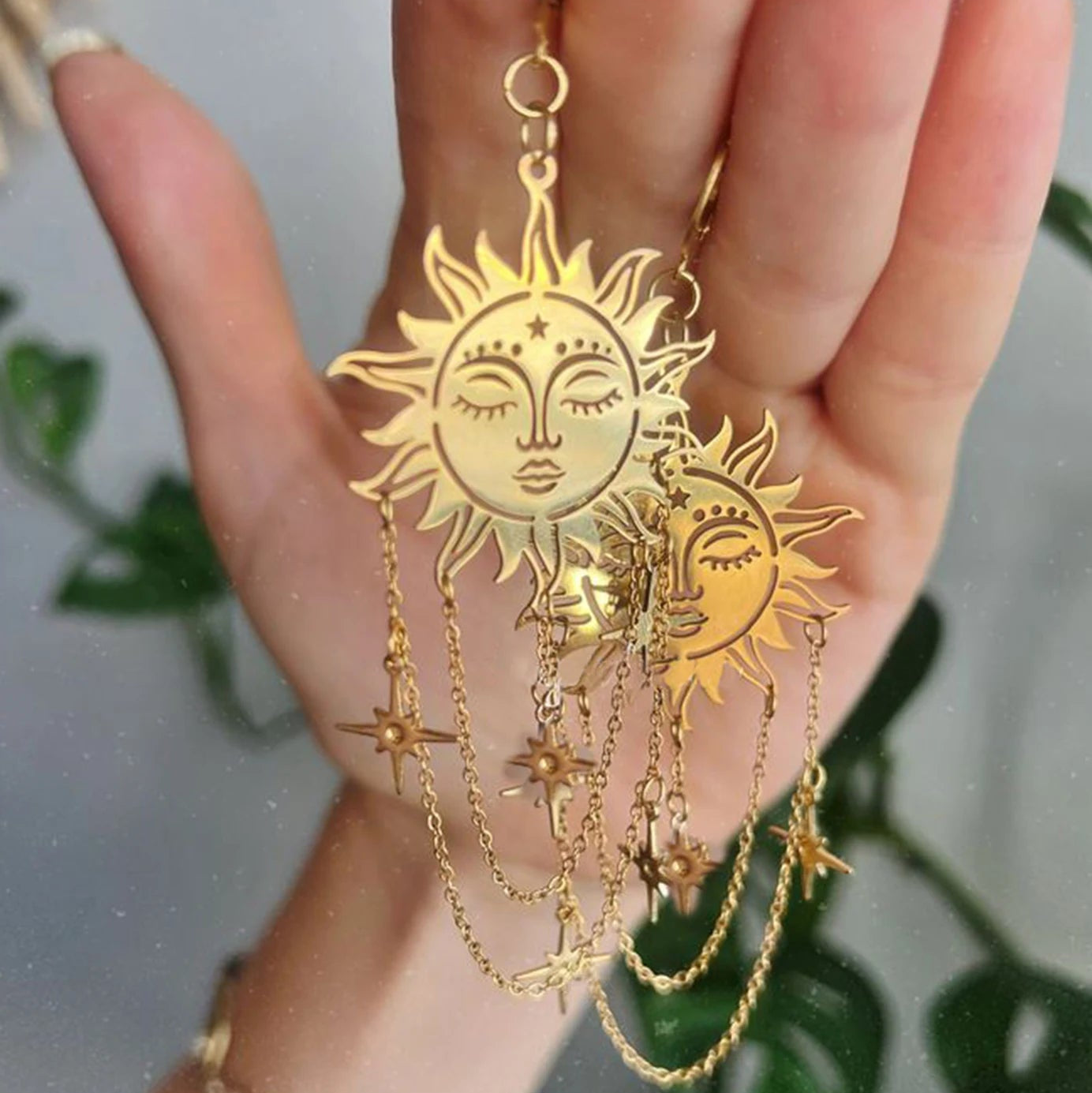 Boucles d'Oreilles Pendantes Soleil et Etoiles