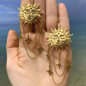 Boucles d'Oreilles Pendantes Soleil et Etoiles