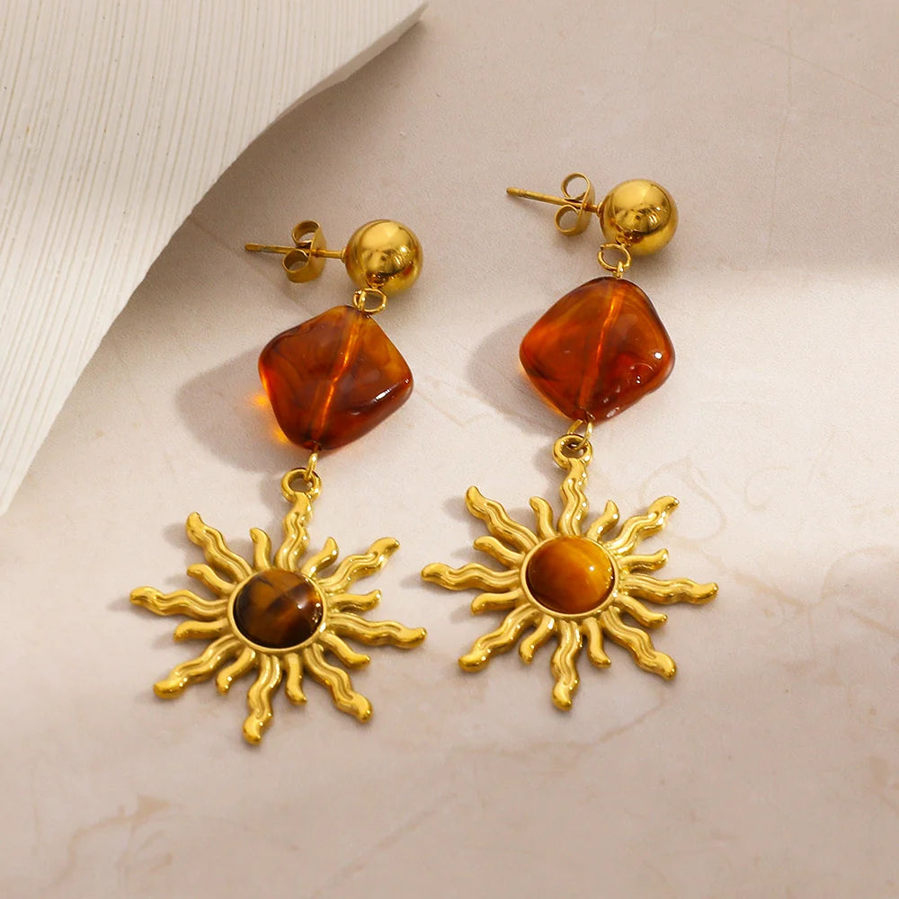 Boucles d'oreilles pendantes soleil et pierre d'oeil de tigre