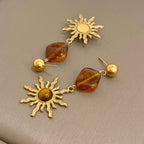 Boucles d'oreilles pendantes soleil et pierre d'oeil de tigre