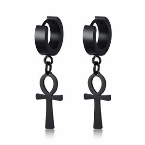 Boucles D'Oreilles Pendantes Style Egyptien Croix D'Ankh noir