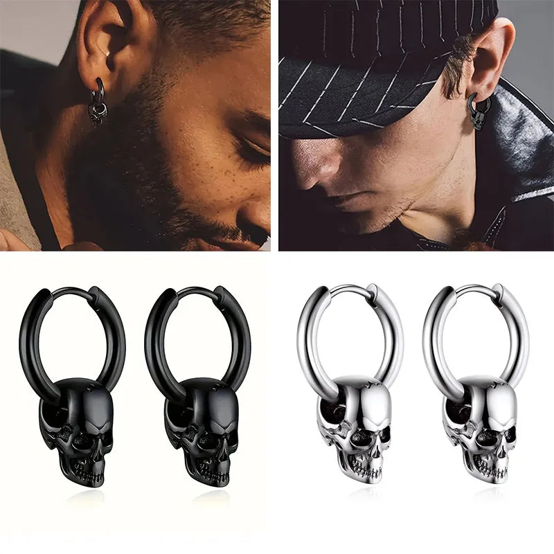 Boucles d'Oreilles Pendantes Tête de Mort pour Homme argent