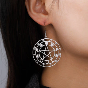 Boucles d'Oreilles Pentacle Pendantes Sorcellerie Wiccan Femme argent