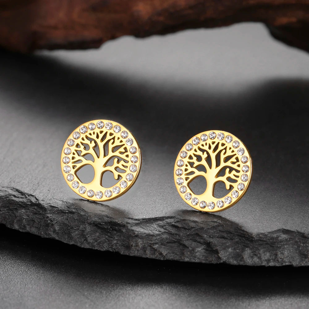 Ronde oorbellen levensboom versierd met gouden strass