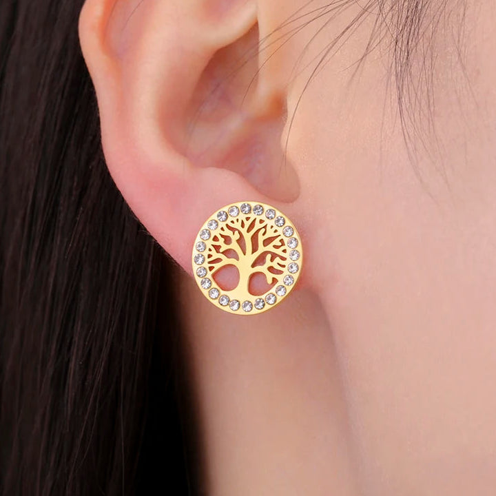 Ronde oorbellen levensboom versierd met gouden strass