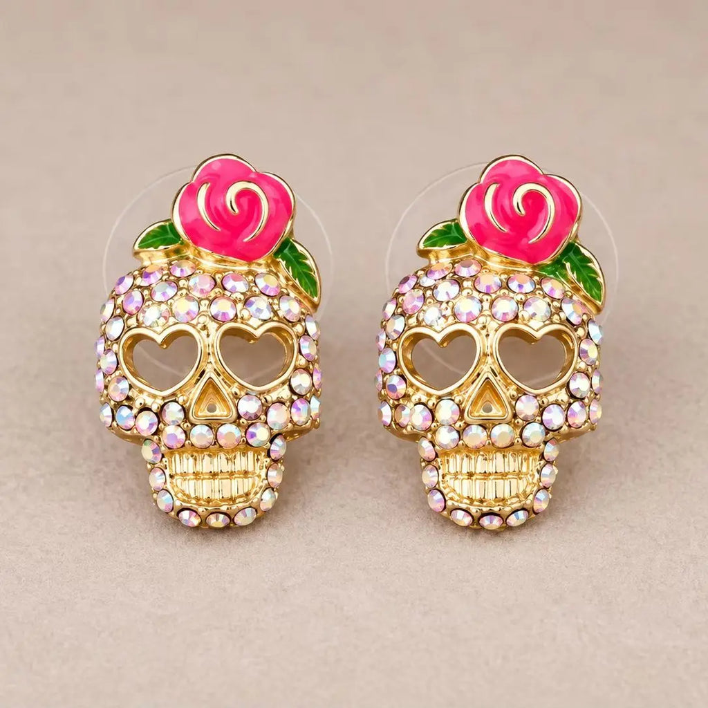 Gül ve kalp gözlü taşlı Calavera kafatası küpeleri