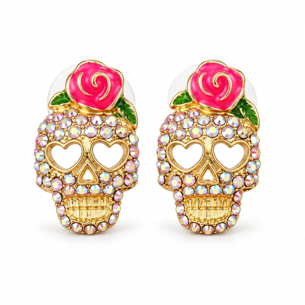Gül ve kalp gözlü taşlı Calavera kafatası küpeleri