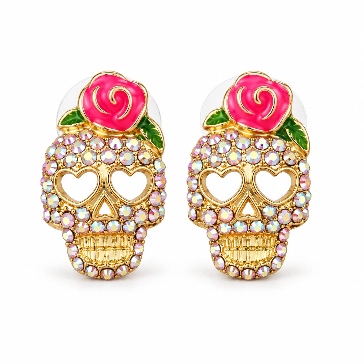 Gül ve kalp gözlü taşlı Calavera kafatası küpeleri