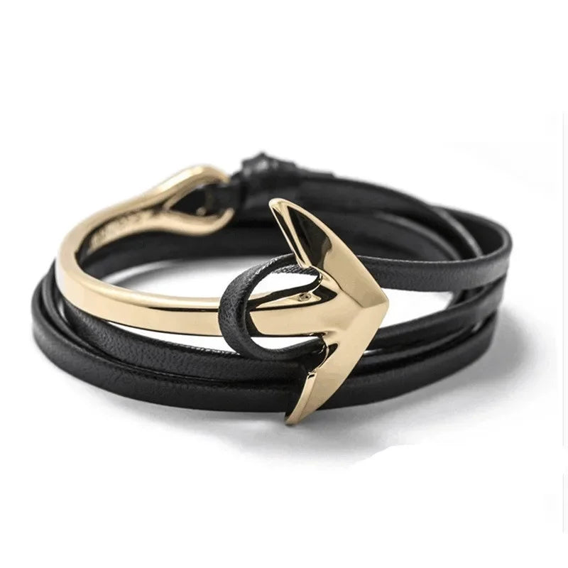 Brede verstelbare ankerarmband goud en zwart