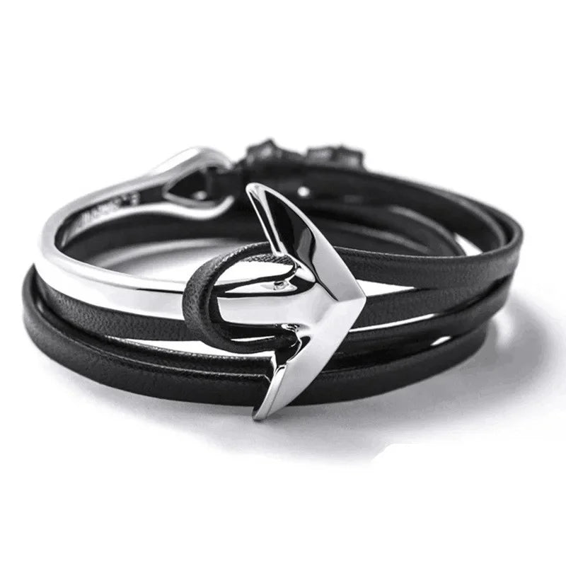 Brede verstelbare ankerarmband zilver en zwart