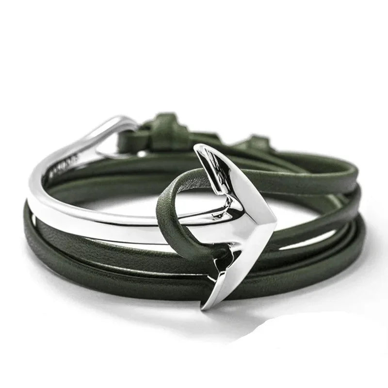 Brede verstelbare ankerarmband zilver en groen