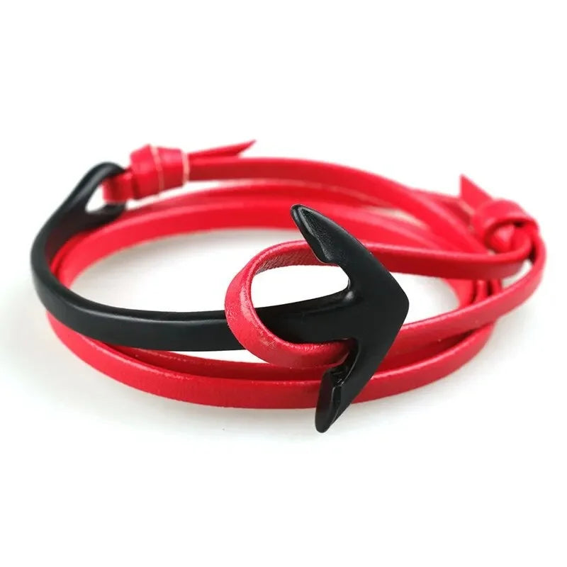 Brede verstelbare ankerarmband zwart en rood