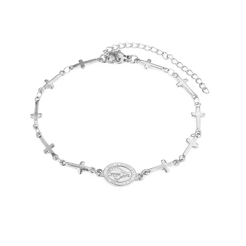 Armband met medaille van de Maagd Maria en zilveren kruis