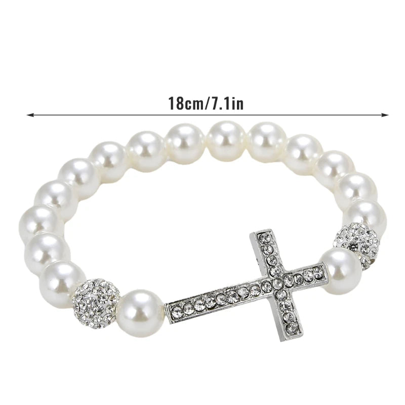 Bracelet avec Perles Blanches et Croix