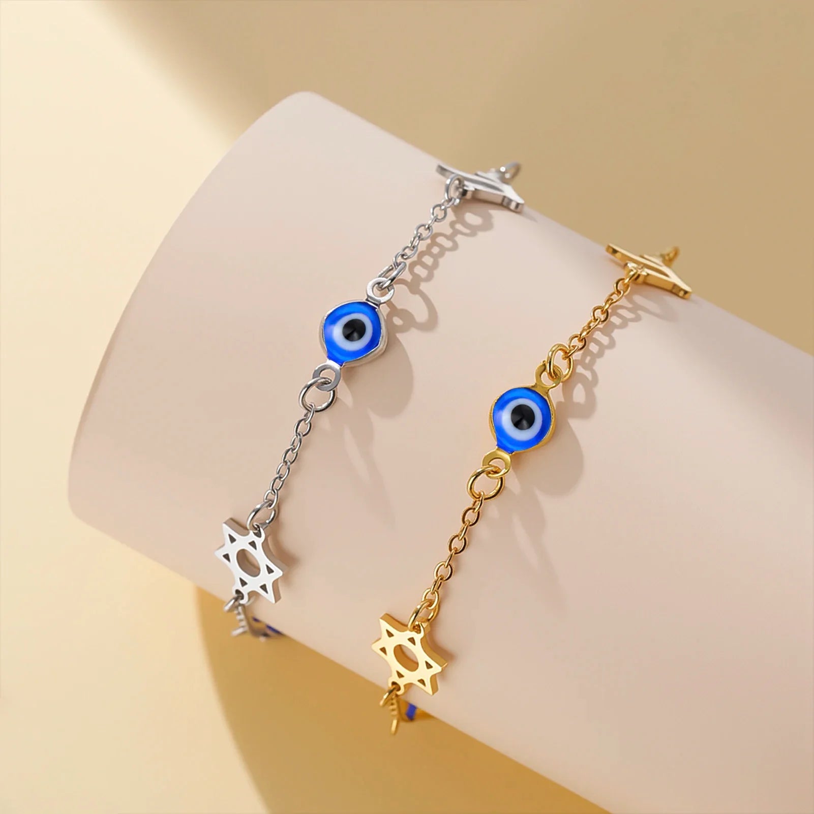 Armband met beschermsymbolen blauwe oog, Chai en de Davidster