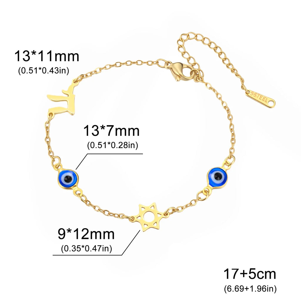 Armband met beschermsymbolen blauwe oog, Chai en de Davidster goud