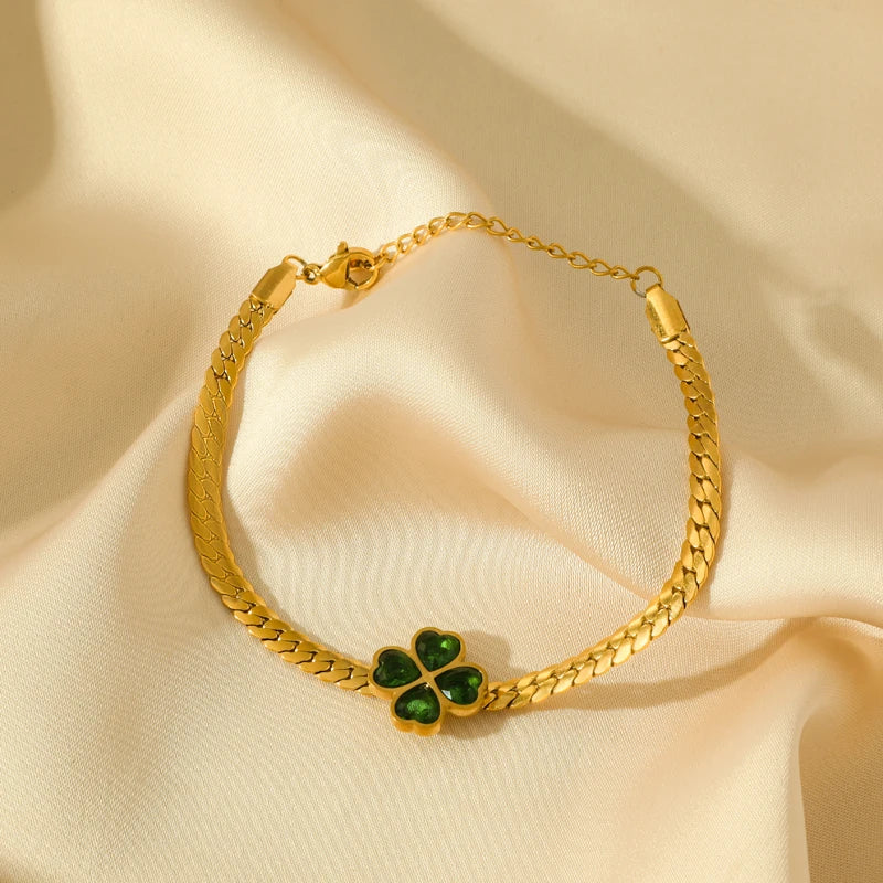 Bracelet avec Trèfle à 4 Feuilles en Cristal Vert