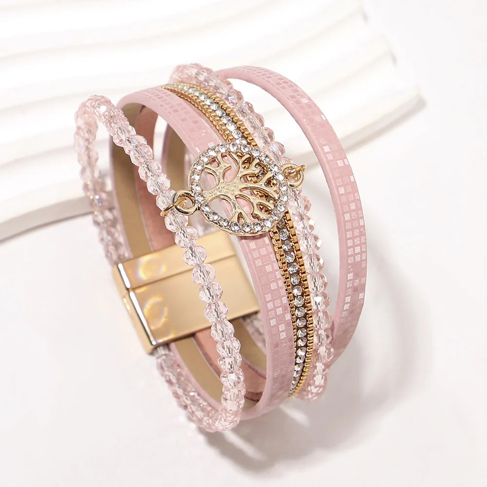 Boho meerlagige armband levensboom roze