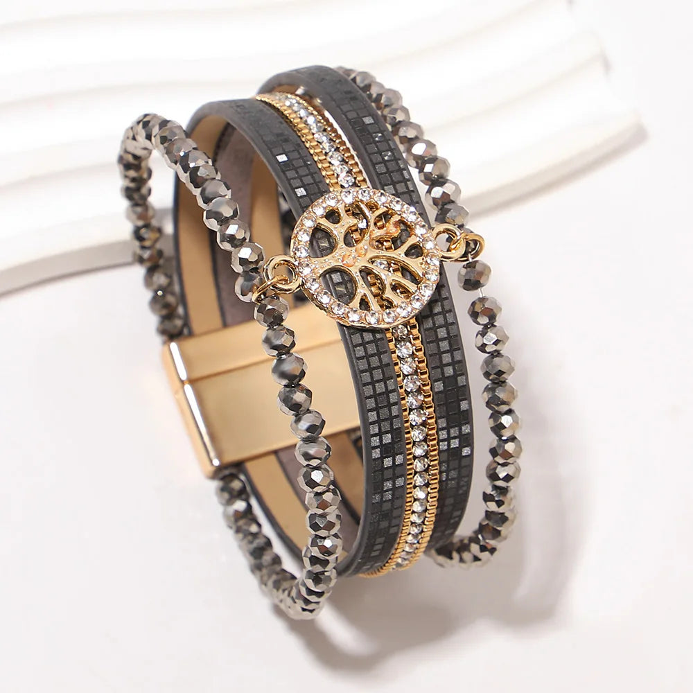 Boho meerlagige armband levensboom donkergrijs