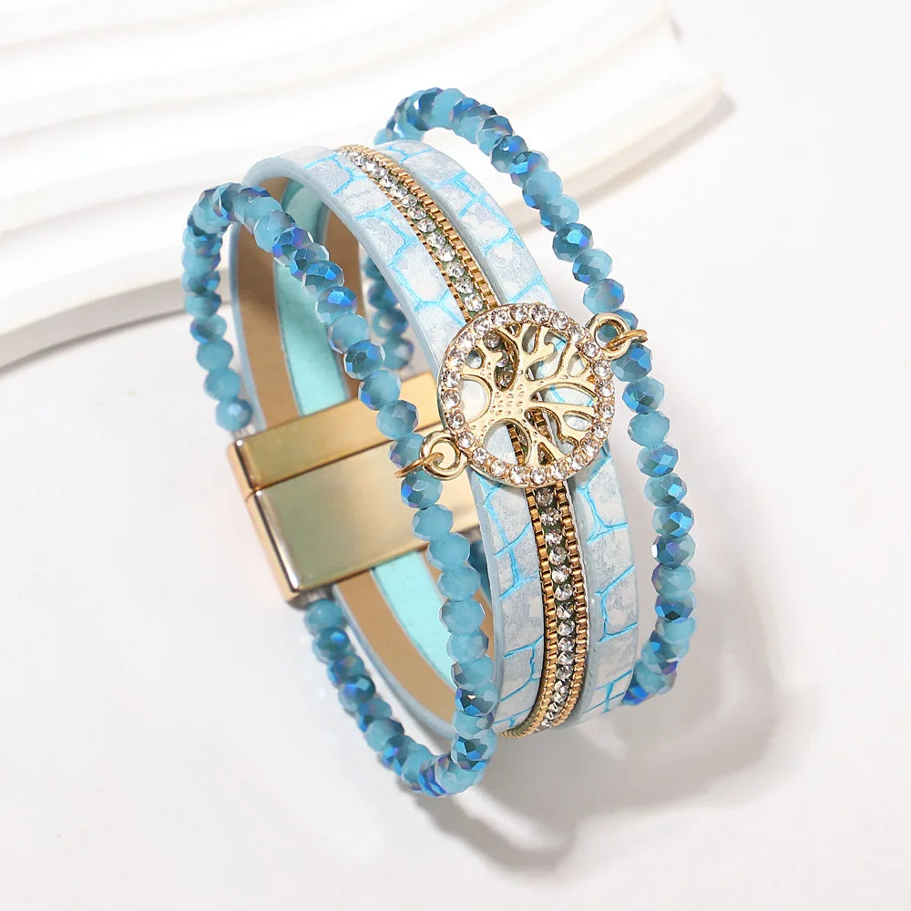 Boho meerlagige armband levensboom turquoiseblauw