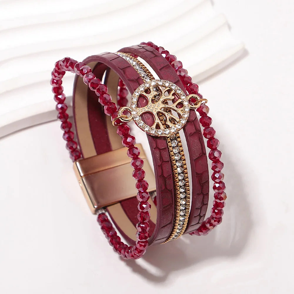 Boho meerlagige armband levensboom rood