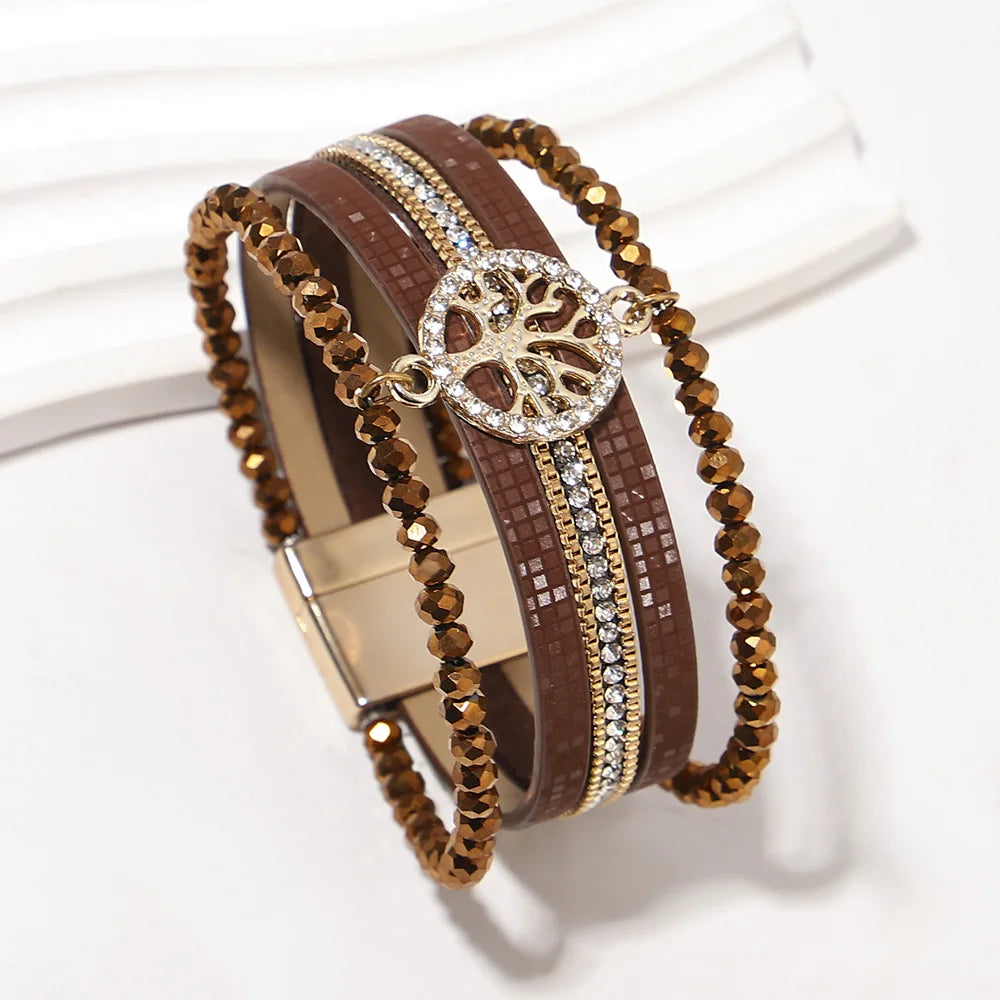 Boho meerlagige armband levensboom bruin