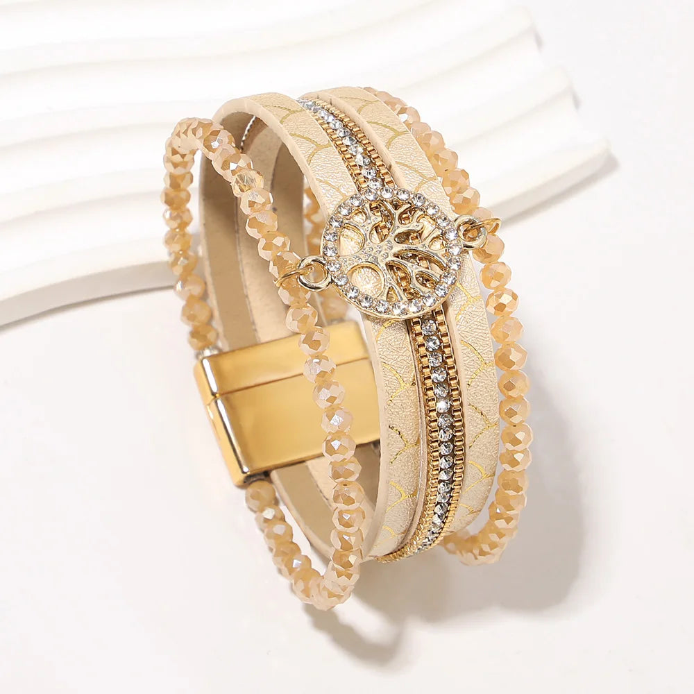 Boho meerlagige armband levensboom beige