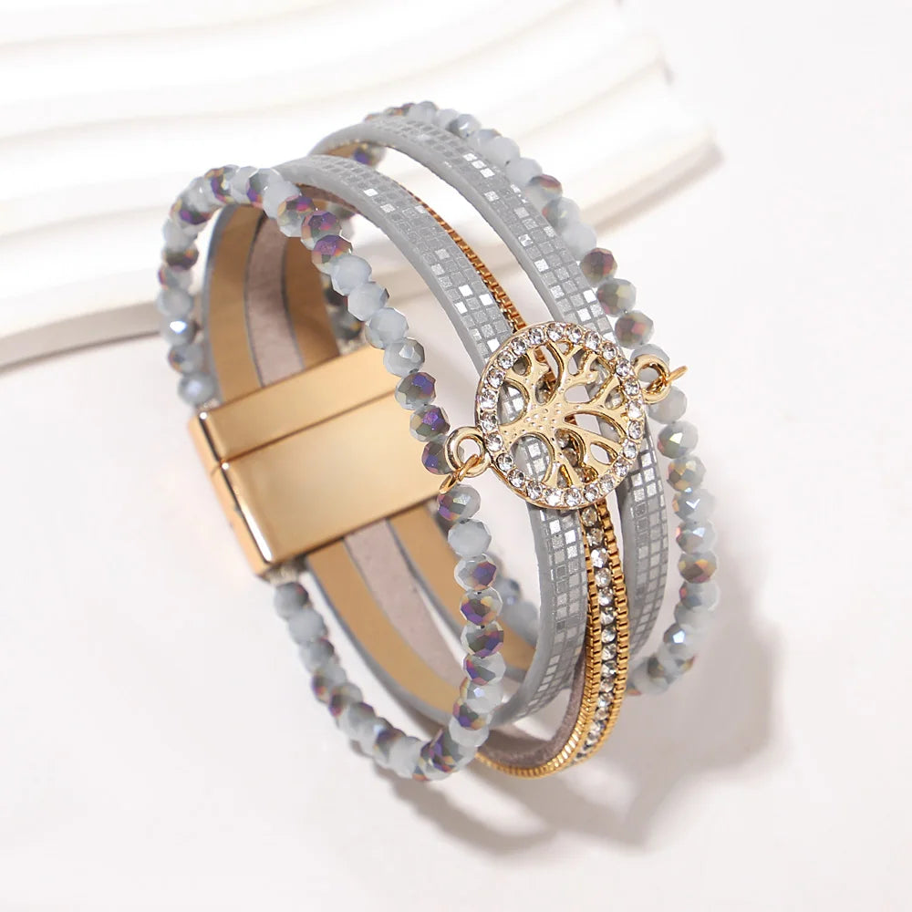 Boho meerlagige armband levensboom lichtgrijs