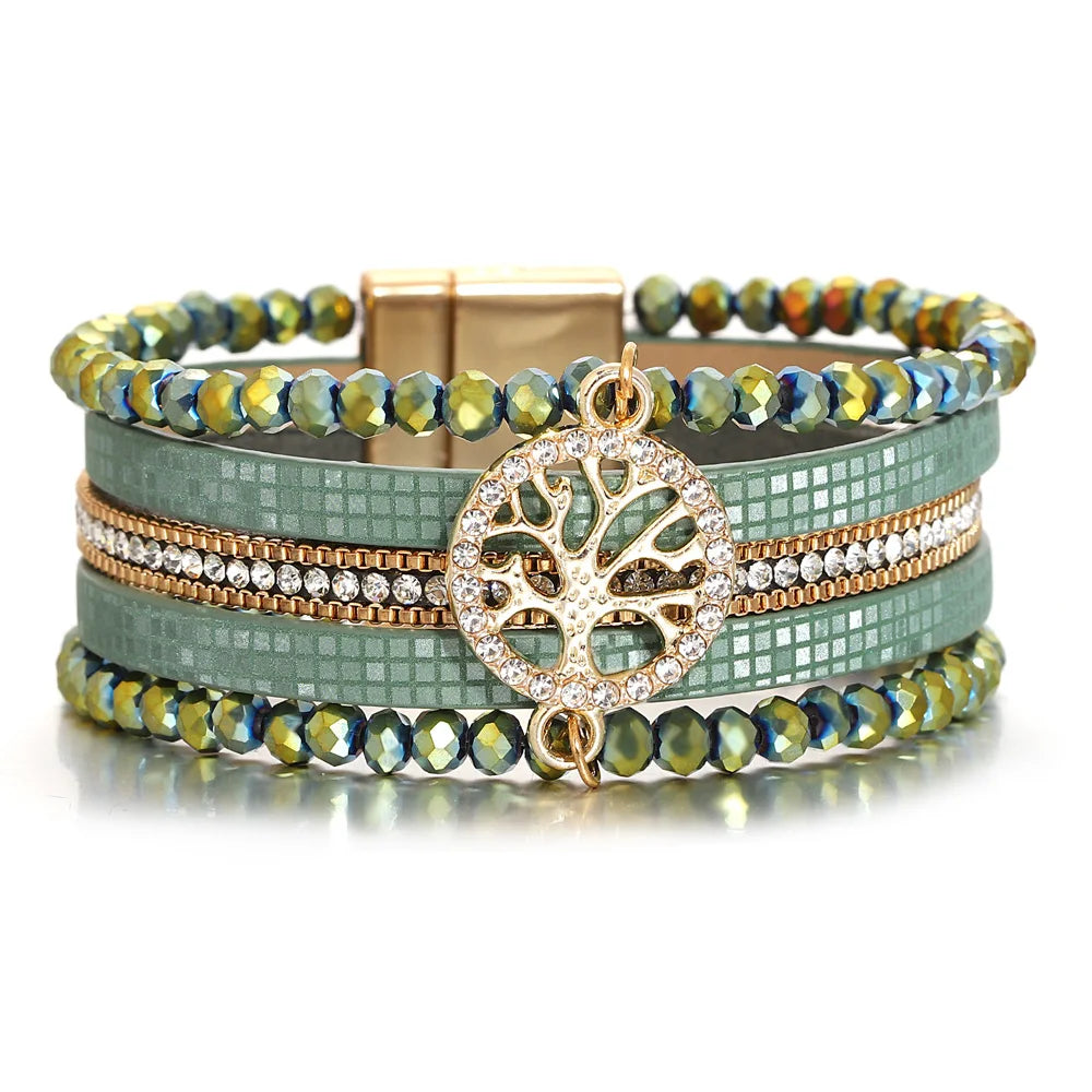 Boho meerlagige armband levensboom groen