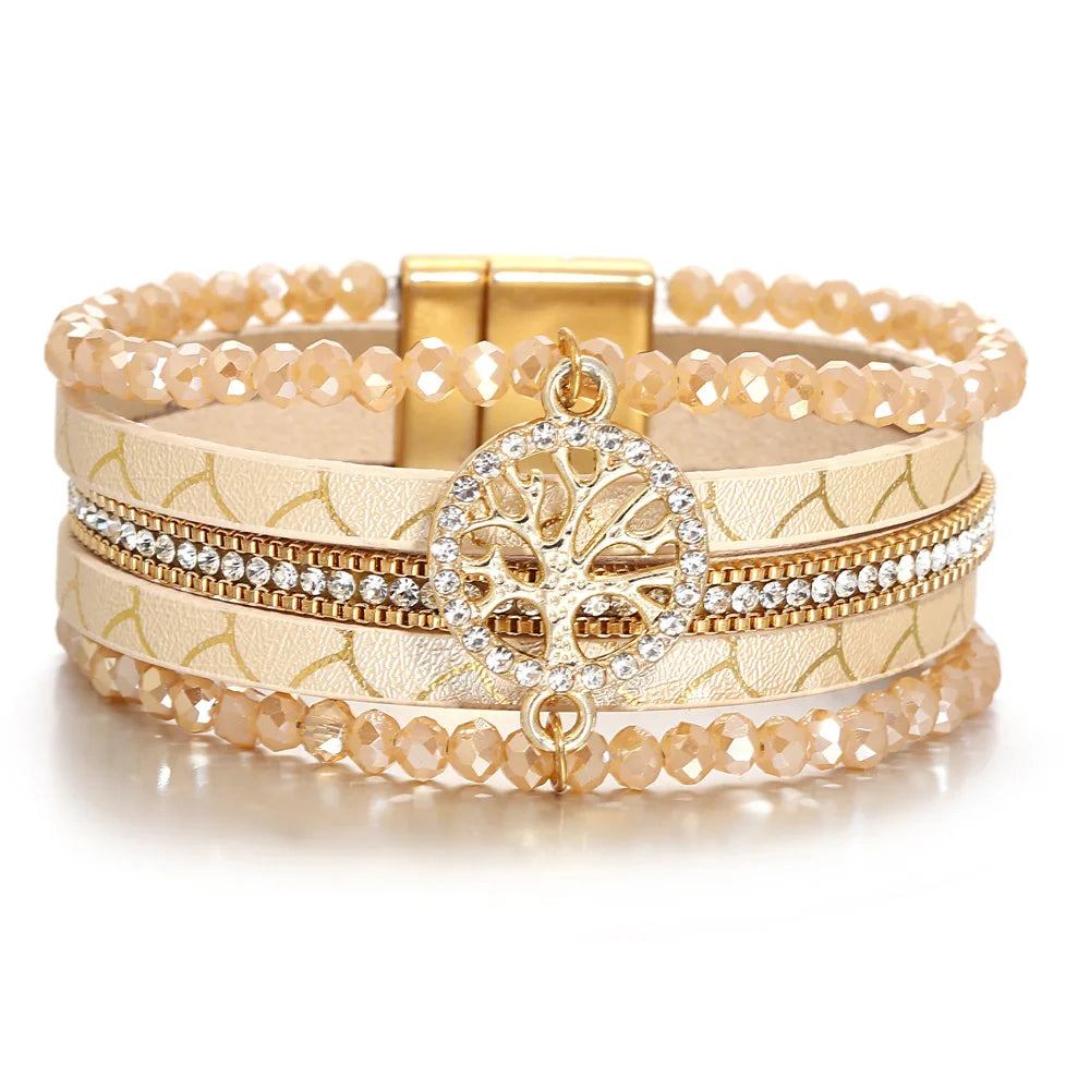 Boho meerlagige armband levensboom beige