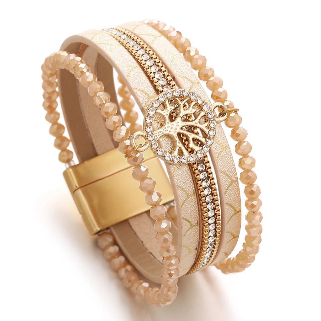 Boho meerlagige armband levensboom beige