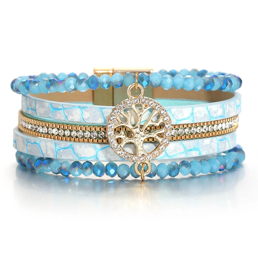 Boho meerlagige armband levensboom turquoiseblauw
