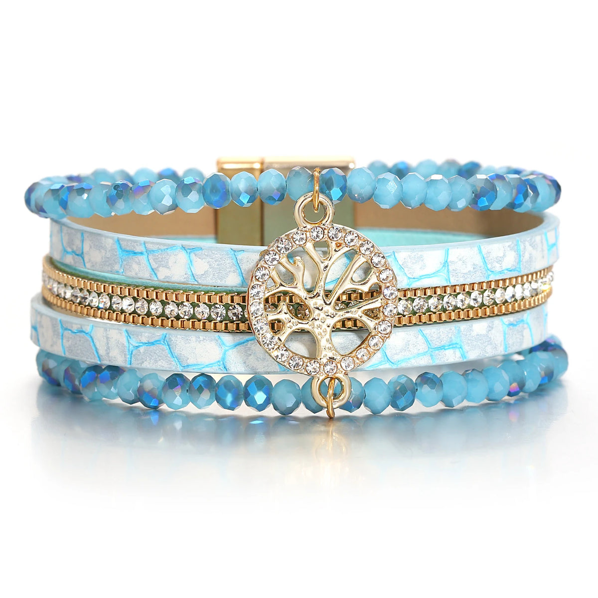 Boho meerlagige armband levensboom turquoiseblauw
